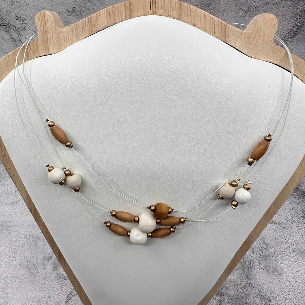 Wood Bead Multi Strand Necklace White Gold Tone Boho Minimalist Statement Gift